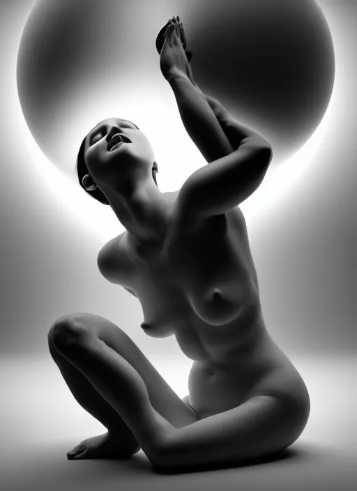 Prompt: black and white 3 d render of a young beautiful delicate ai giving birth to the new world in a bubble, inspired by michelangelo, spiritual, halo, glory, rim light, cinematic, studio dramatic light, poetic, surreal mythical dreamy dark artistic masterpiece, octane render, 8 k, photo