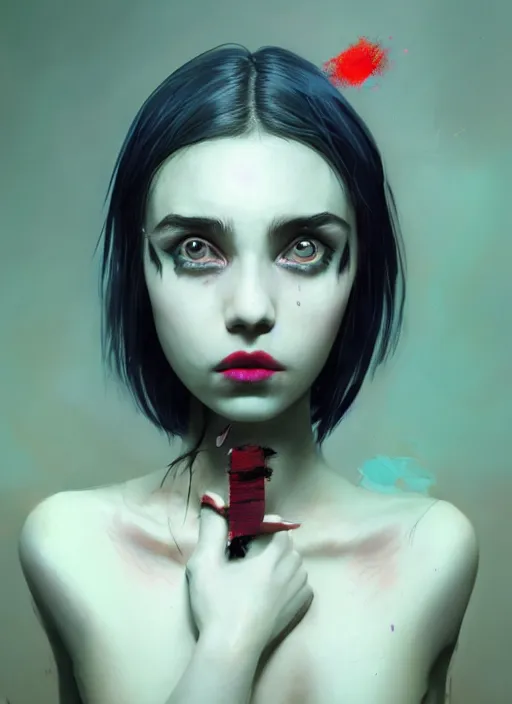 Prompt: portrait of sinister girl with pouty aerochrome lips, langolier, unforgivable, cute bandaid on nose!!, expressive eyes, full body, deathly skin, greg rutkowski, charlie bowater, yuumei, stephen gammell, unreal 5, daz, hyperrealistic, octane render, rpg portrait, dynamic lighting, fantasy art, beautiful face