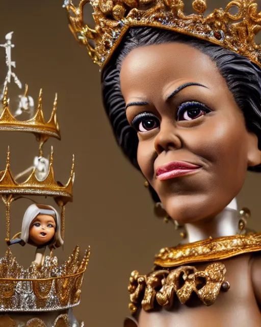 Prompt: highly detailed closeup, face profile portrait of a tin toy michelle obama as a fairytale princess wearing a crown and sitting on a throne, bikini, depth of field, nicoletta ceccoli, mark ryden, lostfish, max fleischer, breathtaking, detailed and intricate environment, 8 k resolution, hyperrealistic, octane render