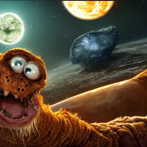 Image similar to eldritch horror bloody garfield in space, hd, 8 k, giant, epic, realistic photo, unreal engine, stars, prophecy, powerful, cinematic lighting, destroyed planet, debris, violent, sinister, ray tracing, dynamic, epic composition, dark, horrific, teeth, grotesque, monochrome drawing, hellscape