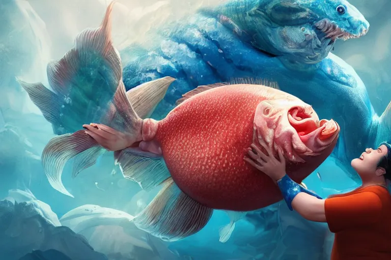 Image similar to of a very beautiful scene. ambient occlusion render. a sweet fat old woman is giving a birth to a huge colorful fish. hyper realistic. 4 k. wide angle. wild happiness. symmetrical face, red mouth, blue eyes. deep focus, lovely scene. ambient occlusion render. concept art. unreal engine.