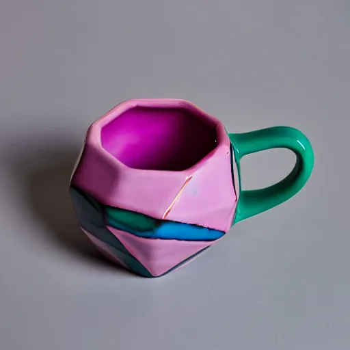 Image similar to avant - garde geodesic triangle ceramic mug with pink and purple pearlescent glaze