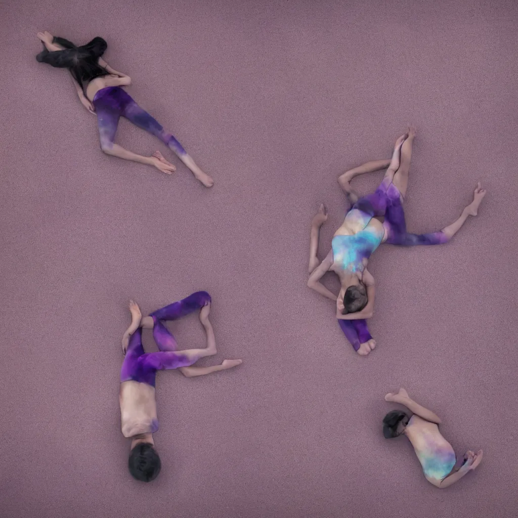 Image similar to overhead view of iridiscent oil spill in desert sand tempest with women corpses connected by cables and computers to wax forms to a buried baby relaxing on yoga mat, faded, purple gradient, dust, purple fog, depth of field, by edward burtynsky, hans bellmer and nadav kander, 8 k, sad atmosphere, cinematic