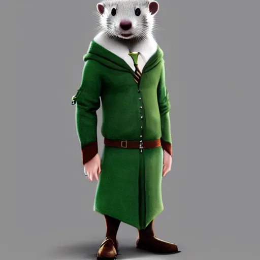 Image similar to a anthropomorphic ferret is dressed as a hogwarts student in slytherin robes, hyperdetailed, artstation, cgsociety, 8 k