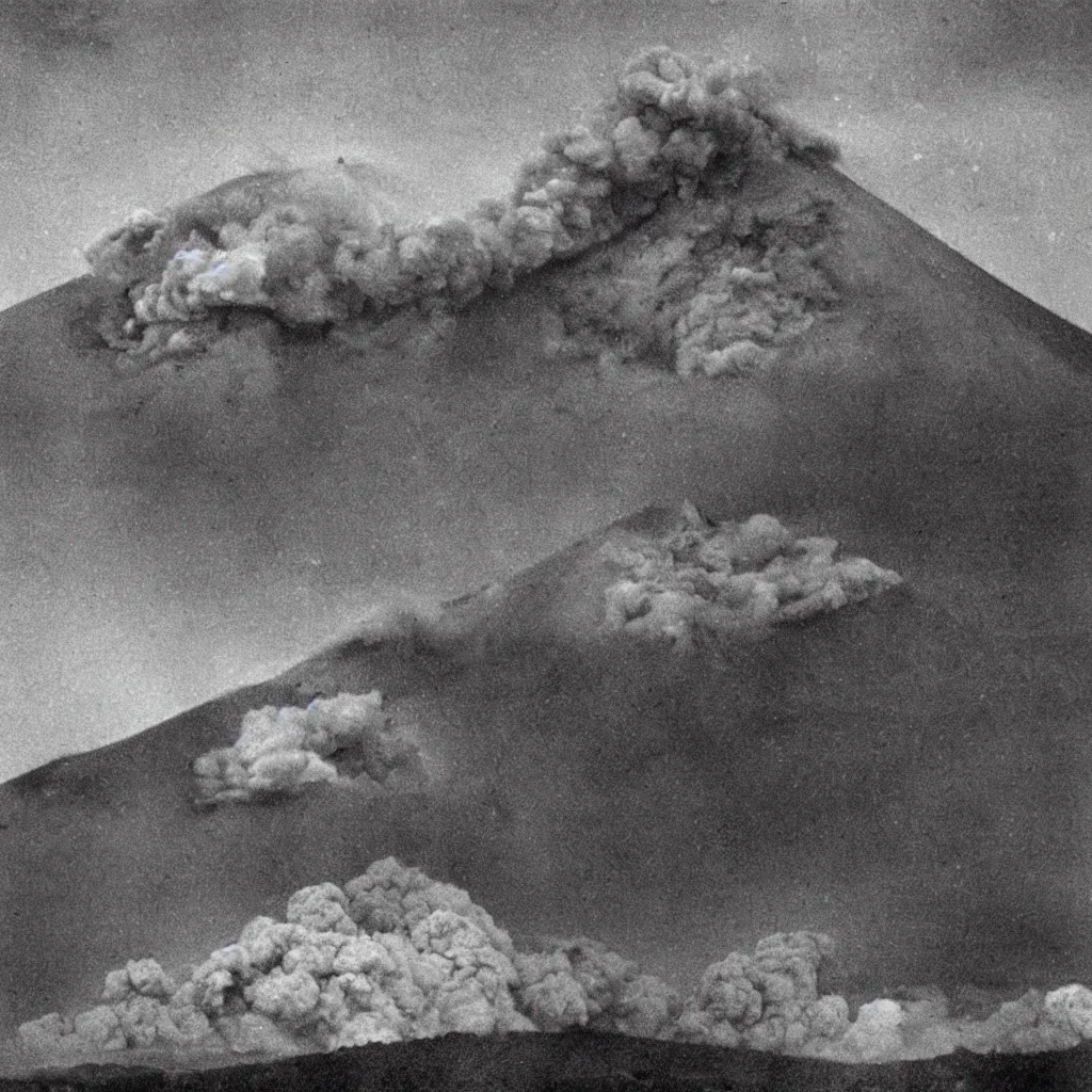 Prompt: a real photo of the eruption of mount vesuvius in 7 9 ad as seen by the villagers who are running away