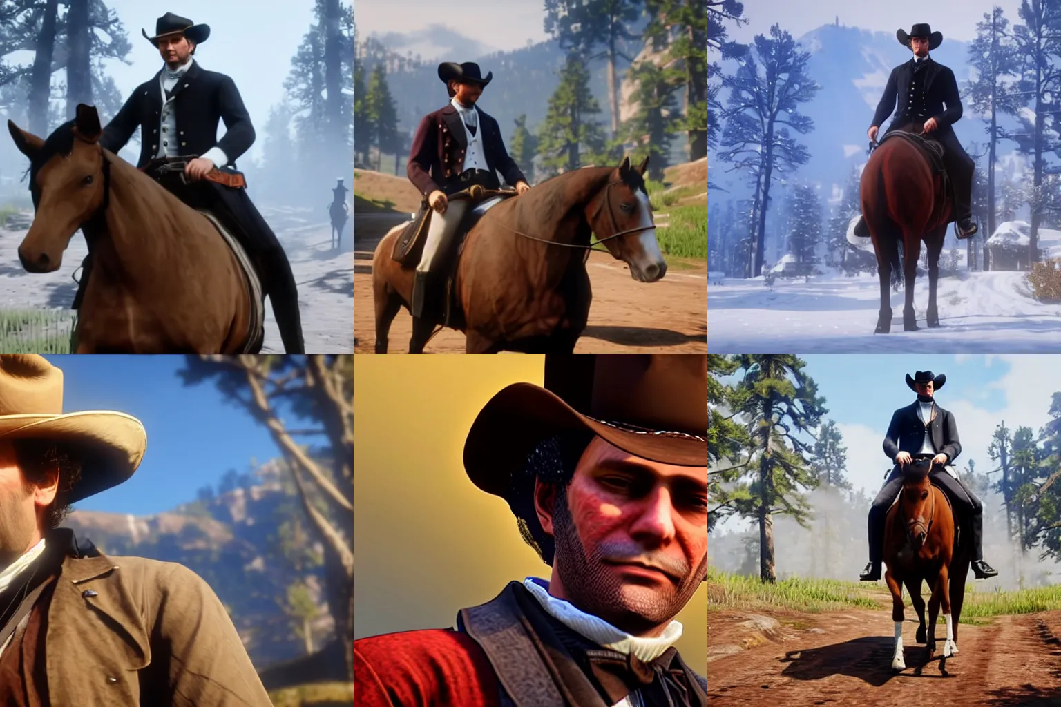 Prompt: franz schubert in cowboy hat riding a horse in red dead redemption 2