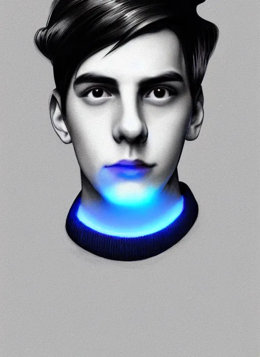 Image similar to portrait of teenage jughead jones wearing a light grey crown, crown, blue turtleneck, 1 9 5 0 s, closed eyes, photorealistic, black hair, glowing lighting, intricate, elegant, glowing lights, highly detailed, digital painting, artstation, concept art, smooth, sharp focus, illustration, art by wlop, mars ravelo and greg rutkowski