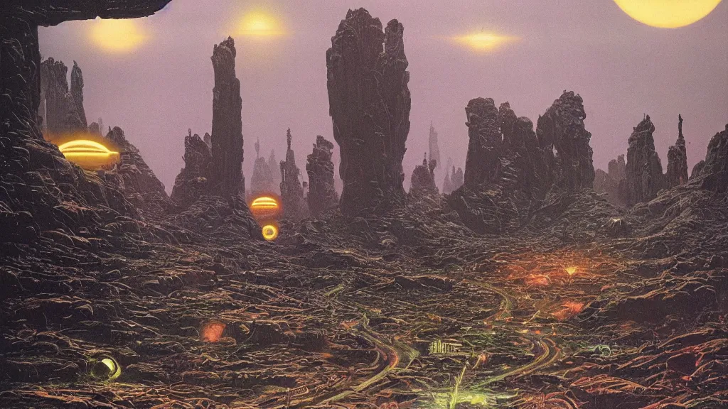 Image similar to eerie atmospheric alien planet empire by angus mckie and bob eggleton and chris moore, epic cinematic matte painting