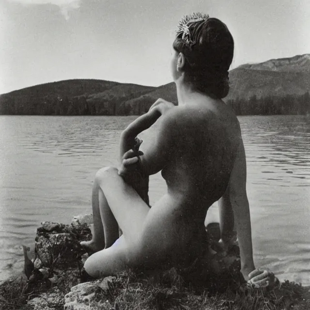 Image similar to greek goddess by a lake, vintage film photograph