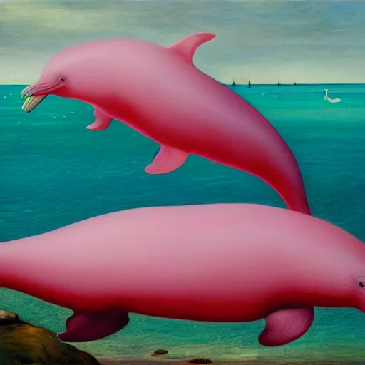 Prompt: a highly detailed oil painting of 2 pink dolphins in a cheese world, 4 k, trending on art station, in the style of dali, boch, matisse caravaggio, comical