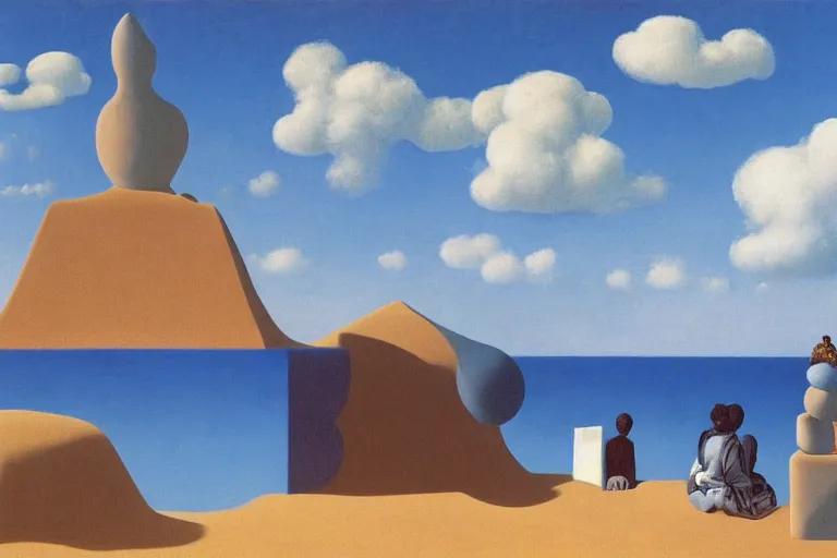 Image similar to impossibile sand structure with a small crowd outside on a tropical island, fluffy clouds, blue sky by magritte and de chirico, oil painting, hyper detailed, masterpiece 4 k