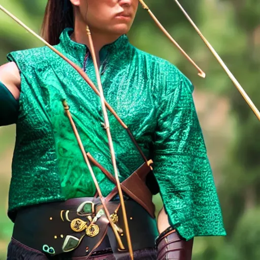 Prompt: photo of a female archer with malachite armour