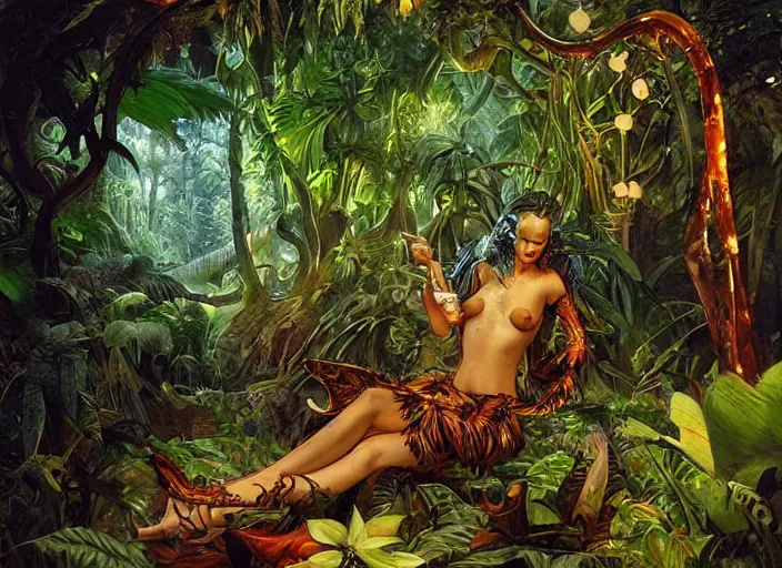 Image similar to lush nightlife in the jungle fairy foliage painting carved in amber by chiara bautista and norman rockwell and greg rutkowski weta studio