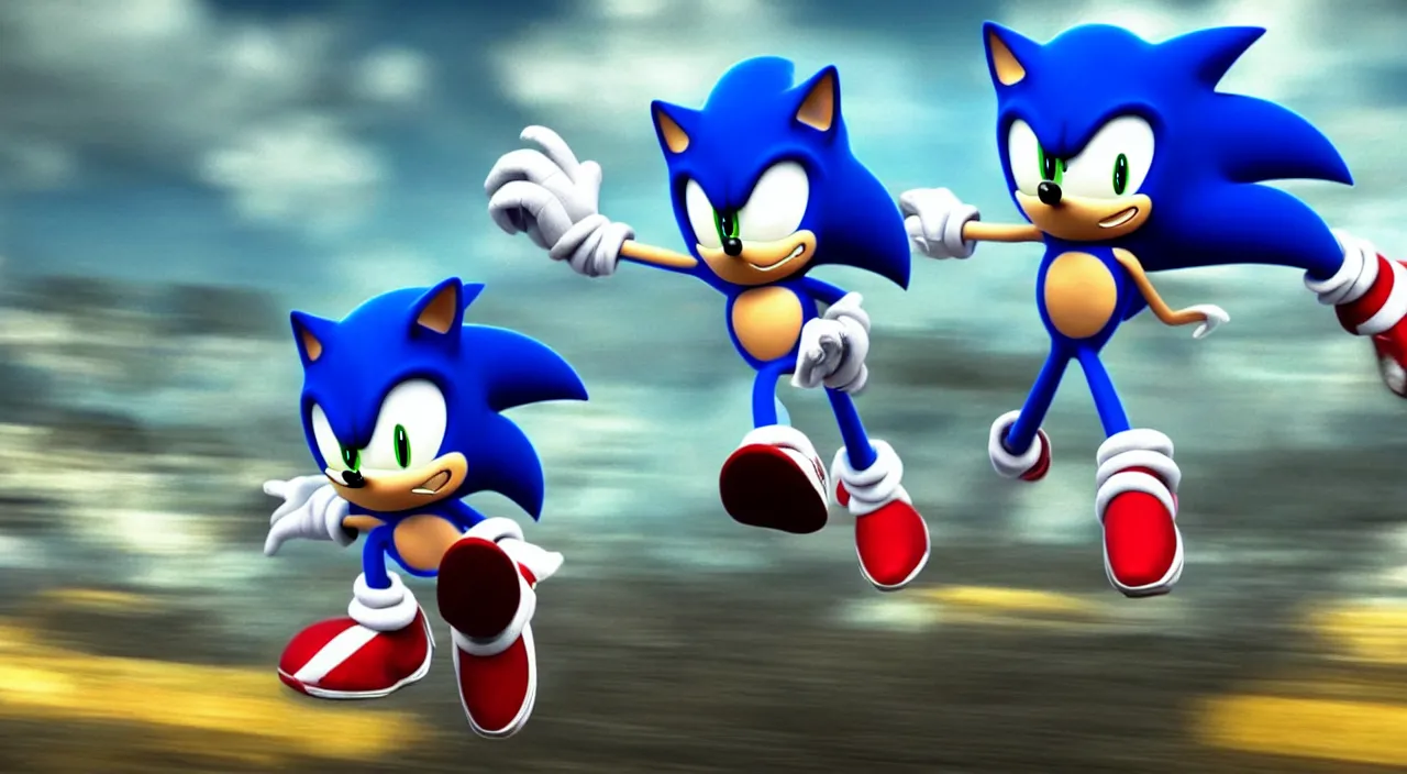 Image similar to Sonic going really fast, dramatic shot, motion blur, action, blue streaks, ultra realistic, cinematic