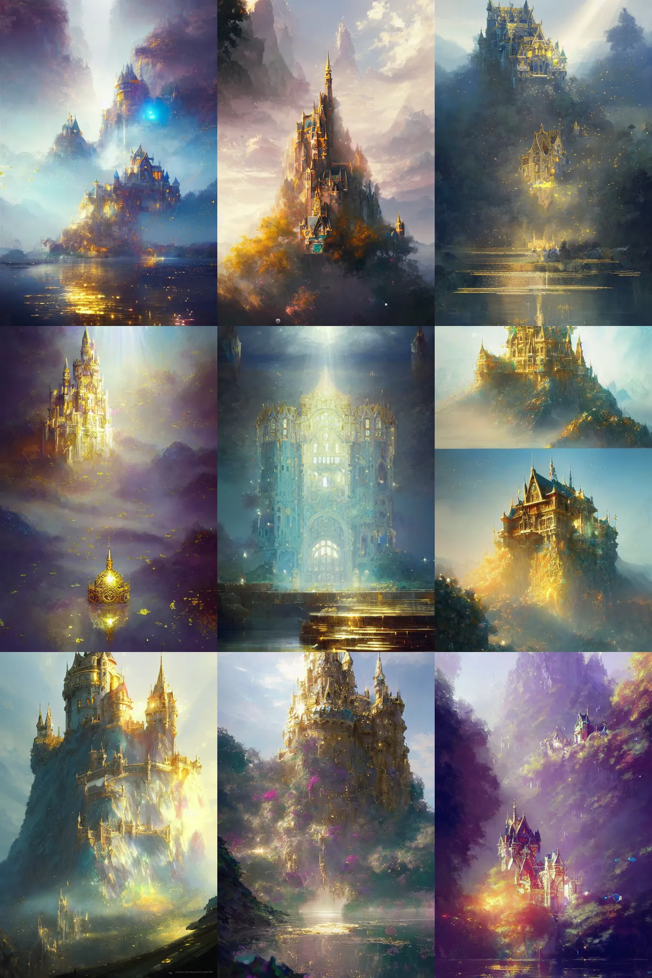 Prompt: detailed illustrations of castles made of gemstones and pearl with gold accents, refractive and reflective, god rays, bloom, by by ruan jia, by conrad roset, by yoshitaka amano, cgsociety, artstation.