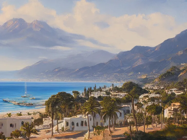 Prompt: detailed painting of marbella landscape, sun coast, small city, beach in the forefront, mountain in the background, trending on artstation, by raphael lacoste