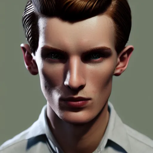 Prompt: A videogame portrait of a young Irish man with high cheekbones. Good bone structure. Dressed in 1940s style. Highly detailed, fine Art, high detail, great lighting, 8k resolution, masterpiece, concept art, illustration, clear eyes, painting oil on canvas, octane render, HDR, trending on artstation, 4k, 8k, HD
