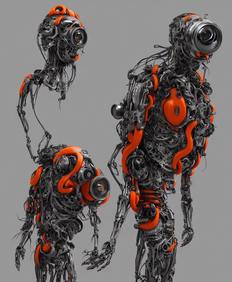 Prompt: biomechanical futuristic creepy cyborg creature with gas mask and eyes made of camera lenses. white and orange plastic. concept art by jarold Sng | octane render