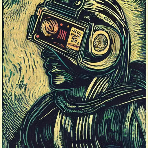 Image similar to Illustrated by Shepard Fairey and H.R. Giger | ((Cyberpunk Van Gogh with VR helmet, surrounded by cables))