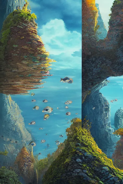 Prompt: fish cliffs, art by matt jefferies and joe doolin, trending on artstation, atmospheric fish eye modernism, realism, film poster, character design, diptych