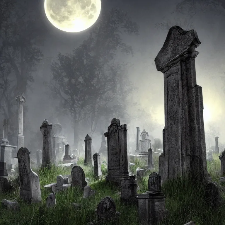 Prompt: ancient graveyard, gravestones, crypts, ghostly figures, high - resolution render by stephan martiniere, hdr, super - resolution, perspective, full moon, real - time ray tracing, global illumination