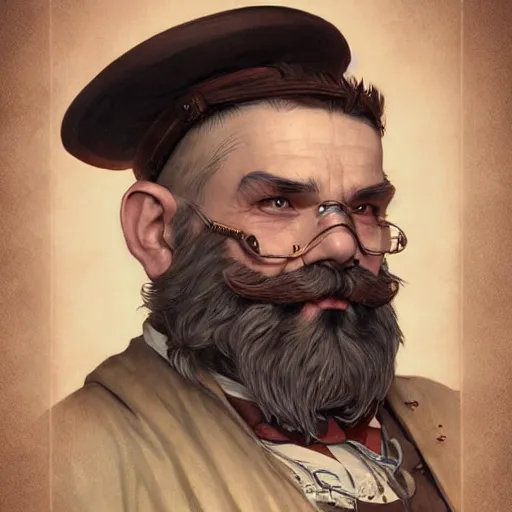 Image similar to Three quarters vintage portrait of a bald male steampunk dwarf with long brown beard, highly detailed, digital painting, art by Stanley Lau and Artgerm and magali villeneuve and Alphonse Mucha, artstation, octane render, cgsociety