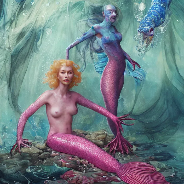 Prompt: a fashion editorial of cate blanchet as a brightly colored mermaid amphibian hybrid with wet translucent skin underwater. wearing an growing organic exosuit. by tom bagshaw, donato giancola, hans holbein, walton ford, gaston bussiere and peter mohrbacher. 8 k, cgsociety