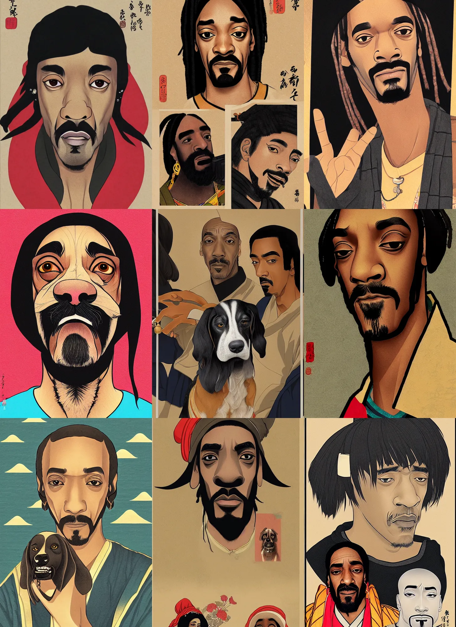 Prompt: a portrait of snoopdog. shin hanga and kawanabe kyosai and cory loftis and rossdraws