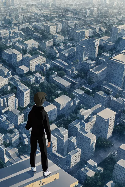 Image similar to Man in black adidas tracksuit looking atop of a urban plateau filled with soviet apartment buildings, golden hour, dreamy, beautiful clouds, ultra detailed beautiful lighting, 4k, wallpaper, russian cityscape, beautiful artwork by Makoto Shinkai