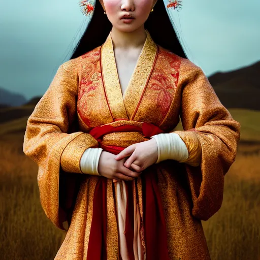 Image similar to photographic portrait of a stunningly beautiful renaissance mongol female in traditional dress in soft dreamy light at sunset, contemporary fashion shoot, by edward robert hughes, annie leibovitz and steve mccurry, david lazar, jimmy nelsson, breathtaking, 8 k resolution, extremely detailed, beautiful, establishing shot, artistic, hyperrealistic, beautiful face, octane render