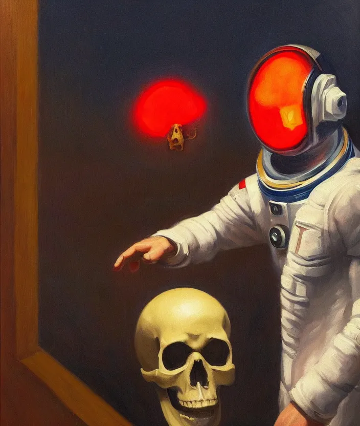 Image similar to a portrait of an astronaut with a skull head, cinematic and highly detailed oil painting by edward hopper, oil painting masterpiece, mysterious, very aesthetic, cinematic and dramatic red light, 4 k,