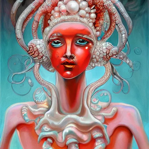 Image similar to beautiful painting of a white arthropod goddess with silver linings, coral mutations and melting jewelry in the style of Francis Bacon and Jesse Kanda. Digital art, detailed, trending on Artstation