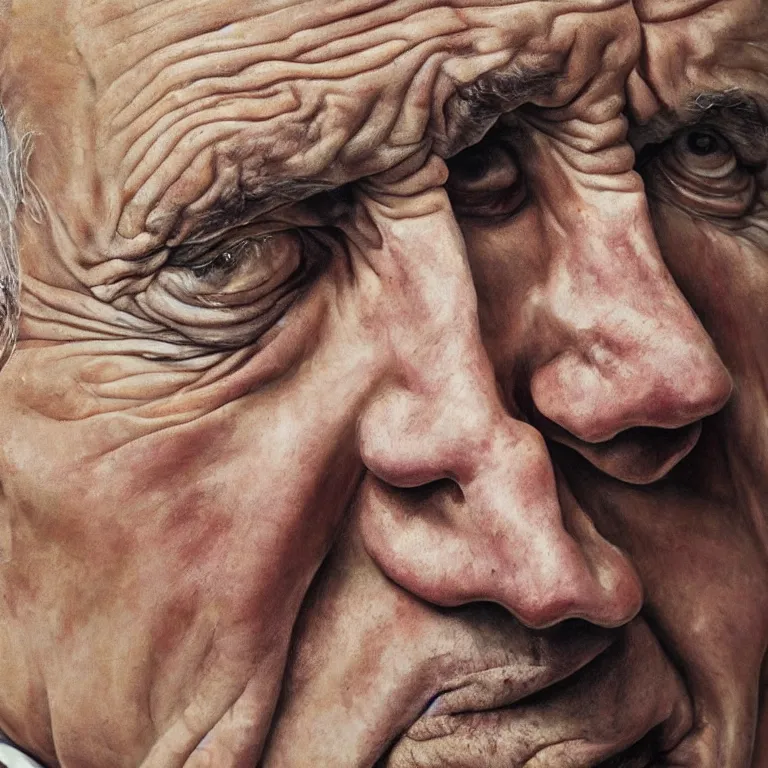 Prompt: close up studio portrait of aging old Joe Biden age 103 wrinkled sad, impasto oil painting by Lucian Freud and Ron Mueck, trending on artstation Studio lighting Expressionism