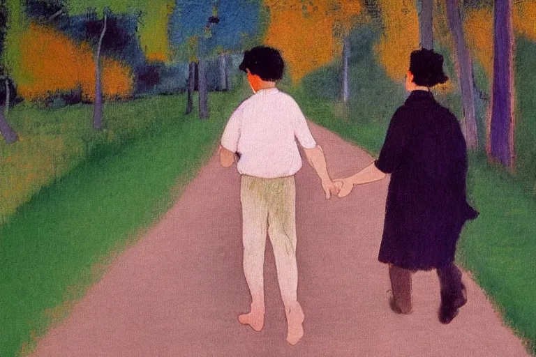 Image similar to a man with dark hair holding the hands of a young boy with dark hair as they walk down a suburban highway on a bright beautiful colorful day. part in the style of an edgar degas painting. part in the style of david hockney