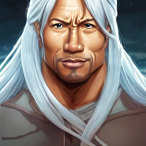 Prompt: anime portrait of dwayne johnson as an anime cat girl waifu, long white hair, twisted braid, watery eyes, by Stanley Artgerm Lau, WLOP, Rossdraws, James Jean, Andrei Riabovitchev, Marc Simonetti, and Sakimichan, trending on artstation