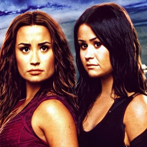 Image similar to close-up of Demi Lovato as Piper Halliwell and Selena Gomez as Phoebe Halliwell and Ariana Grande as Prue Halliwell in a Charmed movie directed by Christopher Nolan, movie still frame, promotional image, imax 35 mm footage