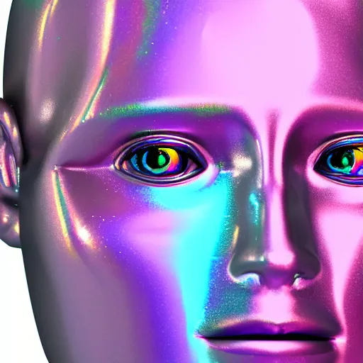 Image similar to 3d render of holographic human robotic head made of glossy iridescent, surrealistic 3d illustration of a human face non-binary, non binary model, 3d model human, cryengine, made of holographic texture, holographic material, holographic rainbow, concept of cyborg and artificial intelligence