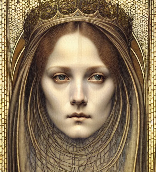 Image similar to detailed realistic beautiful young medieval queen face portrait by jean delville, gustave dore and marco mazzoni, art nouveau, symbolist, visionary, gothic, pre - raphaelite. horizontal symmetry