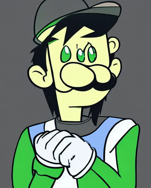 Prompt: a portrait of Luigi (nintendo) as a member of Gorillaz, full color illustration by Jamie Hewlett, flat shading, moustache, character design, concept art, 4k, promotional image