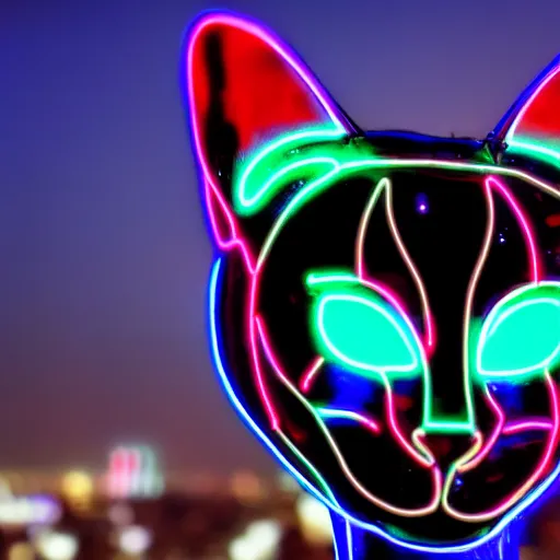 Image similar to cybercat head, neon glow, closeup, city in the background, high quality, high detailed