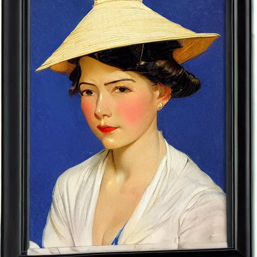 Image similar to frontal portrait of a woman wearing a rice hat, by j. c. leyendecker