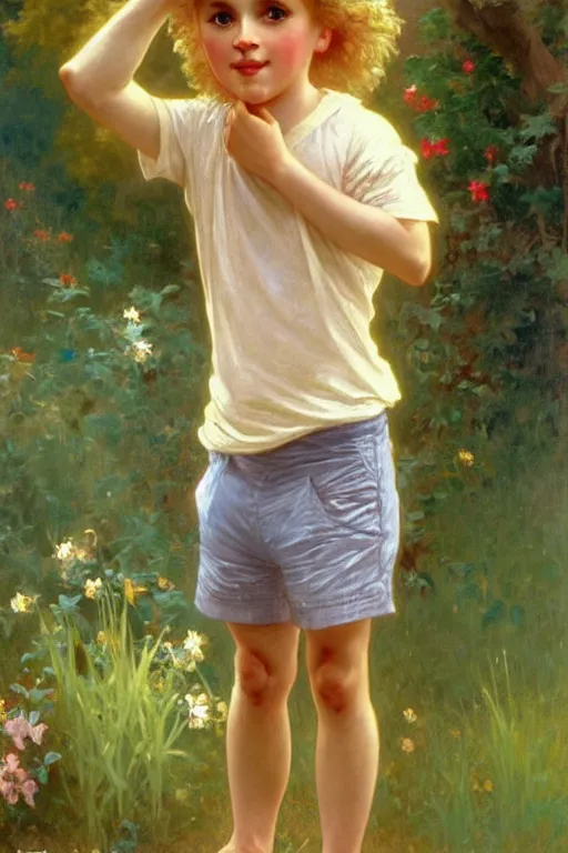 Image similar to a seven - year old with curly dirty blonde hair, blue eyes, tan skin a tee shirt and shorts, playing with foxes, painting by daniel gerhartz, alphonse mucha, bouguereau, detailed art, accurate facial details, no blush, artstation