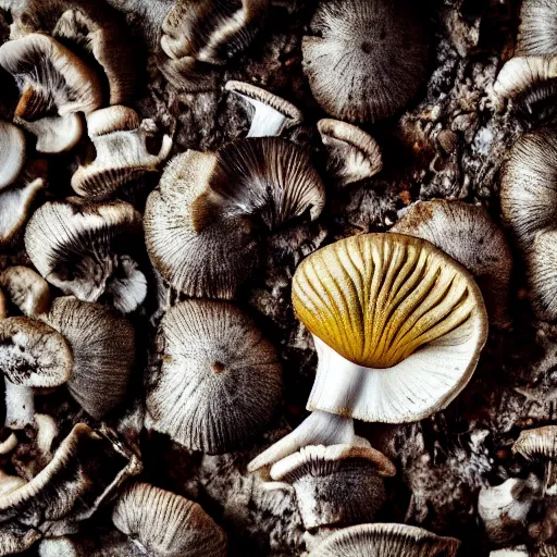 Prompt: torn mushroom cap, bottom view, clearly visible lamellae, black background, hyper realistic, photography, colorfull, 8k, epic composition