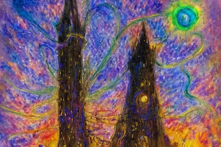 Image similar to impressionist painting of a sorcerer's magical tower, dark tones, bright flash, ant's eye view, ground view, intricate magic details, wizard tower, bursting with magic