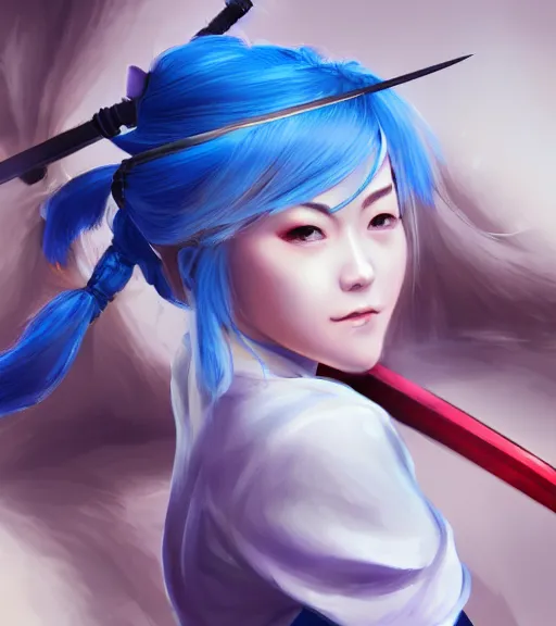 Image similar to a girl with blue hair holding a katana, samurai outfit, japanese clothes, ponytail, action shot, highly detailed, digital painting, artstation, concept art, smooth, sharp focus, kunoichi, illustration