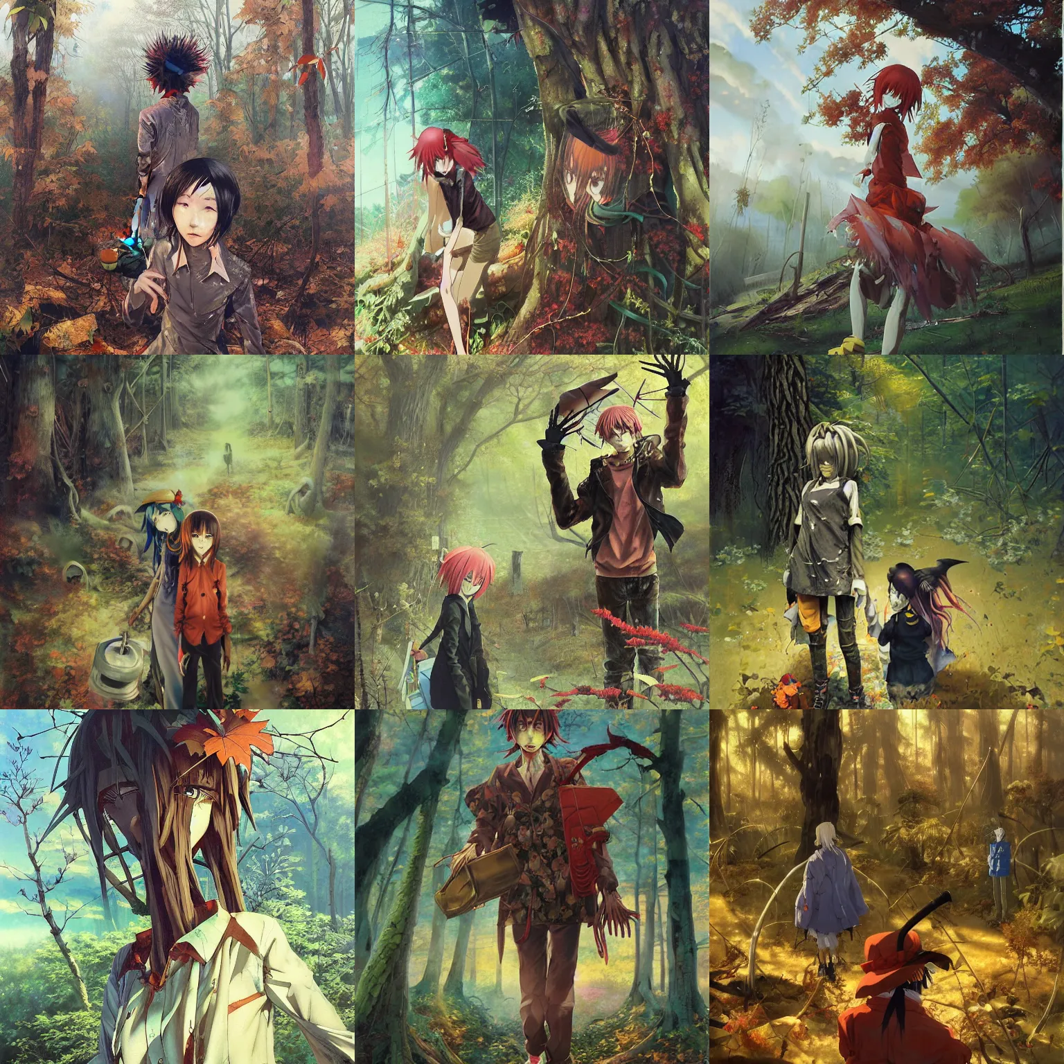 Prompt: professionally painted anime art piece by yuji ikehata and satoshi kon, of an evil living scarecrow hunting lost travellers in the woods