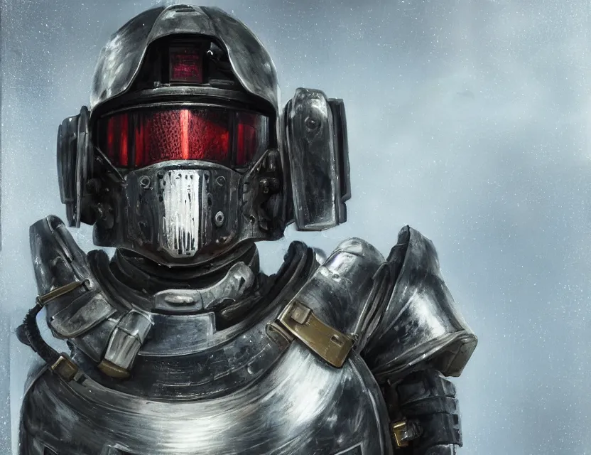 Image similar to a detailed portrait painting of a lone bounty hunter wearing combat armour and a reflective visor. Head and chest only. Dystopian. Dieselpunk elements. Movie scene, cinematic sci-fi scene. Flight suit, cloth and metal, accurate anatomy. Samurai influence, knight influence. fencing armour. portrait symmetrical and science fiction theme with lightning, aurora lighting. clouds and stars. Atmospheric. Futurism by moebius beksinski carl spitzweg moebius and tuomas korpi. baroque elements. baroque element. intricate artwork by caravaggio. Oil painting. Trending on artstation. 8k