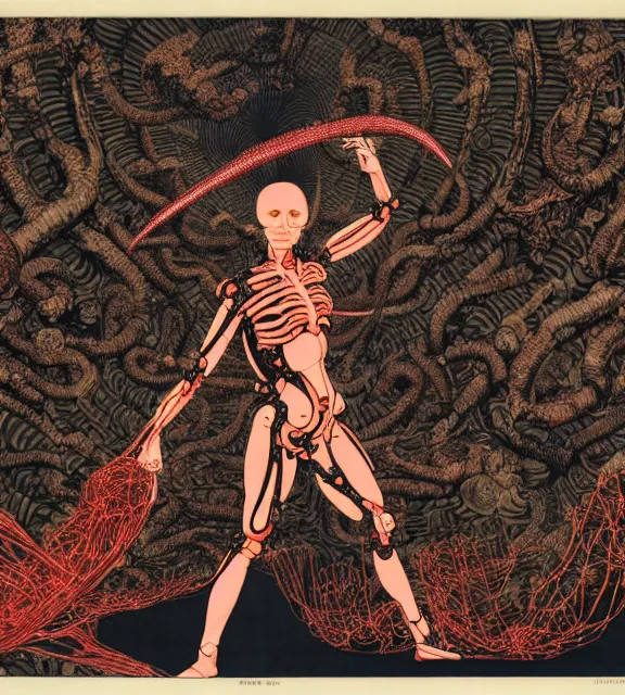 Image similar to still frame from Prometheus, harvest goddess cyborg in crimson filament mycelium, dressed by Neri Oxman and alexander mcqueen, metal couture haute couture editorial by giger by utagawa kuniyoshi