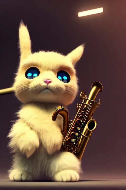 Image similar to high quality 3 d render very cute fluffy cyborg! cat plays saxophone, cyberpunk highly detailed, unreal engine cinematic smooth, in the style of blade runner & detective pikachu, hannah yata charlie immer, moody light, low angle, uhd 8 k, sharp focus