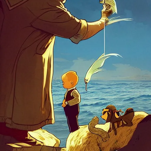 Image similar to Tintin and Haddock goes into an adventure. Elegant, intricate, digital painting, artstation, concept art, smooth, sharp focus, illustration, art by artgerm and greg rutkowski and alphonse mucha